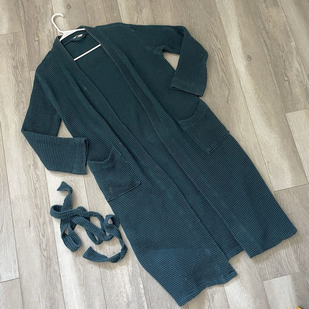 Coyuchi Organic Robe cotton waffle knit long unisex Blue small medium loungewear